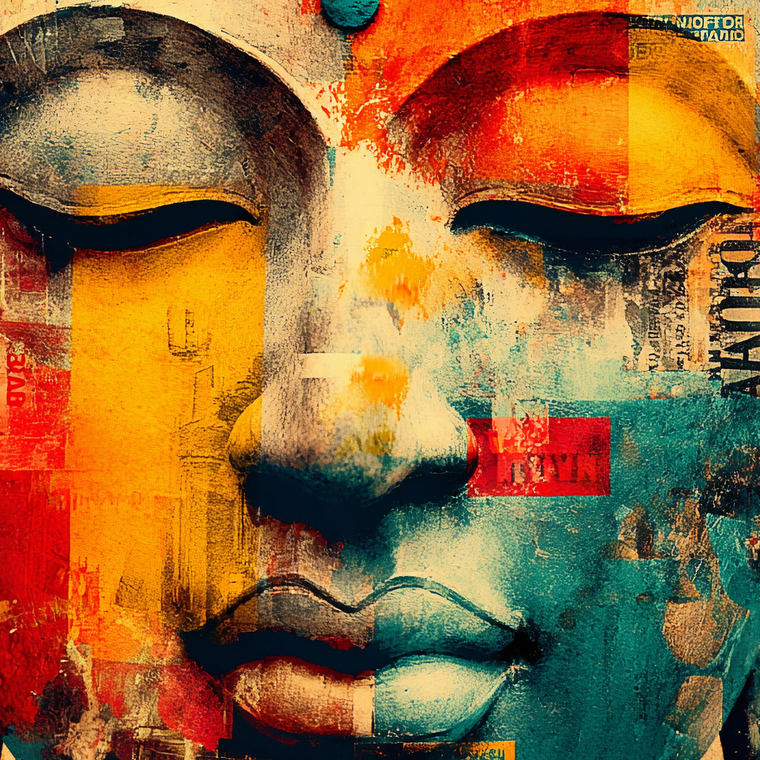 Buddha in Color Kunstdruck mit modernem Buddha, geometrischen Flächen und urbanen Farbakzenten