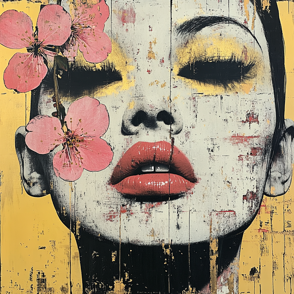 Golden Bloom Pop-Art Frauenportrait mit pinken Kirschblüten und goldenen Akzenten auf gelbgoldenem Hintergrund