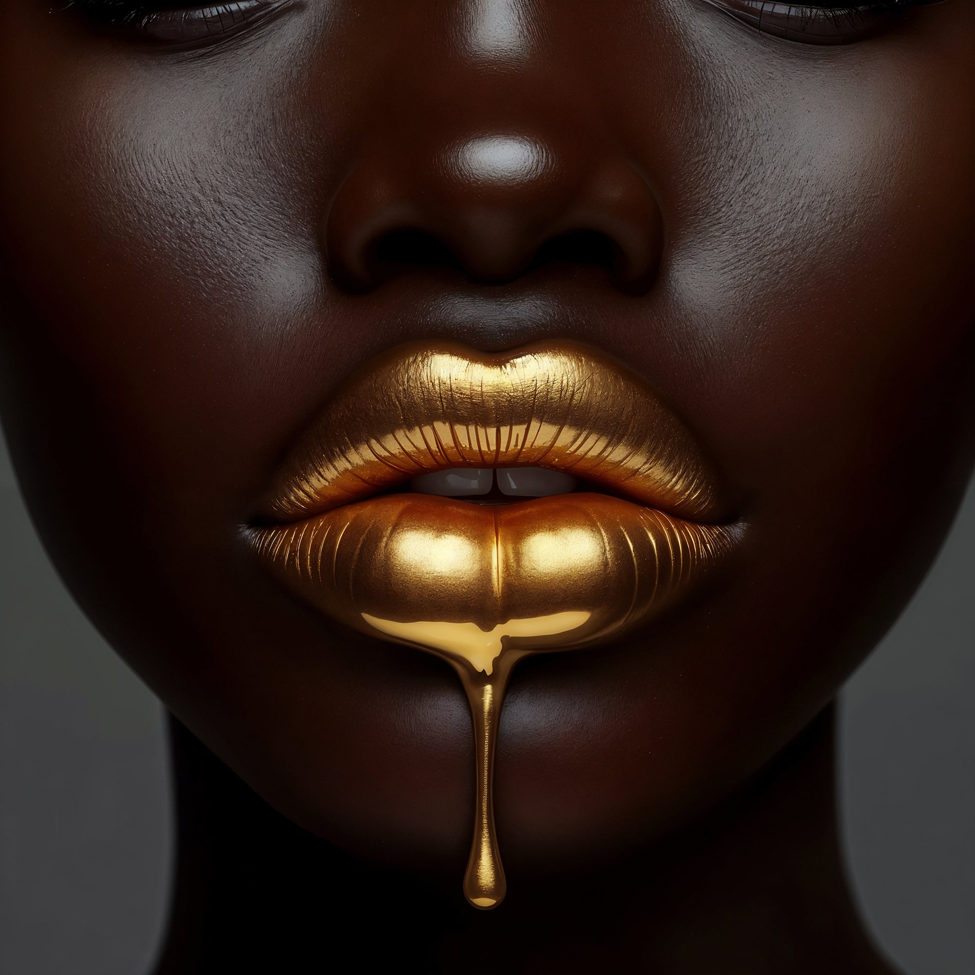 Golden Desire Frauenportrait Kunstdruck mit goldenen Lippen und schwarzem Hintergrund