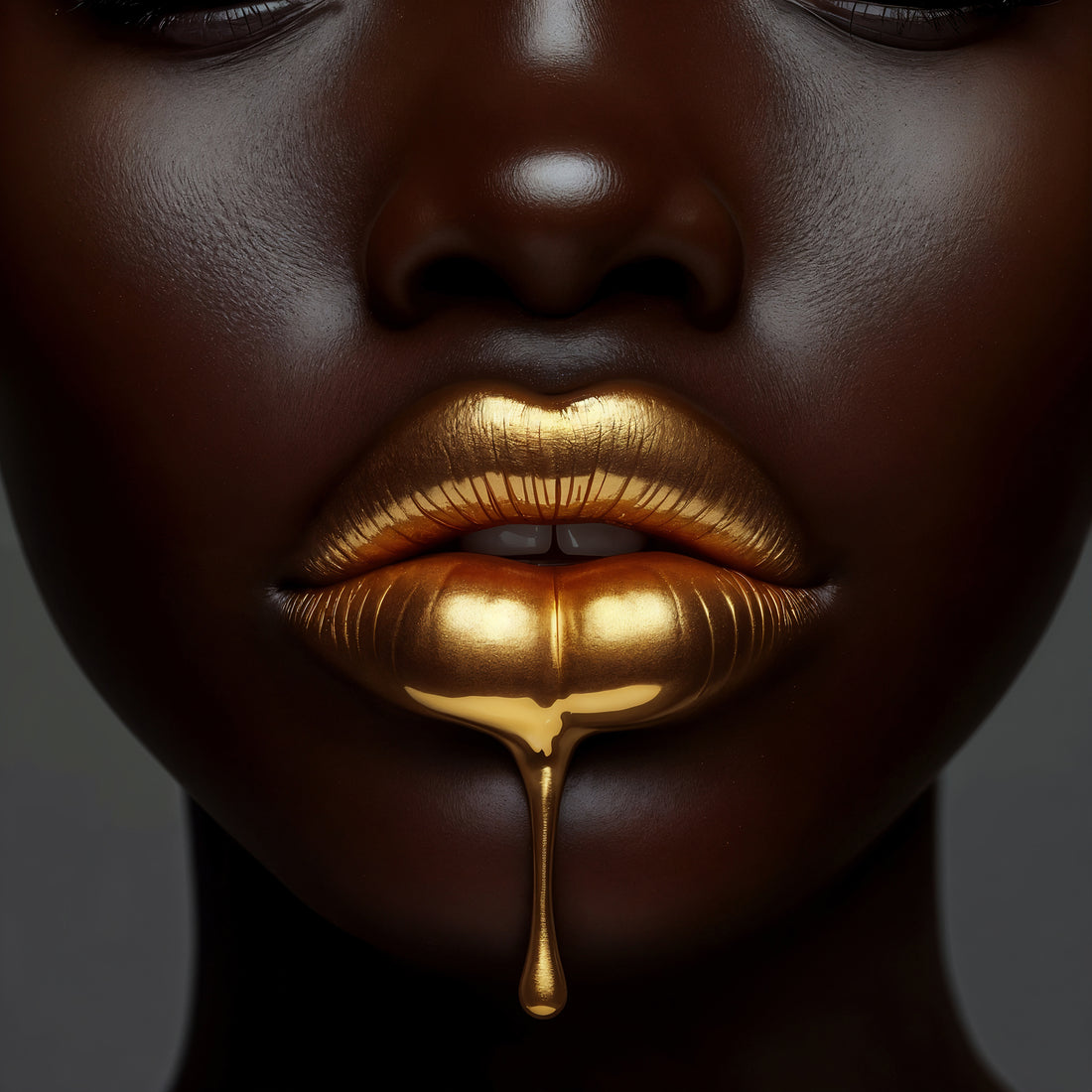 Golden Desire Frauenportrait Kunstdruck mit goldenen Lippen und schwarzem Hintergrund