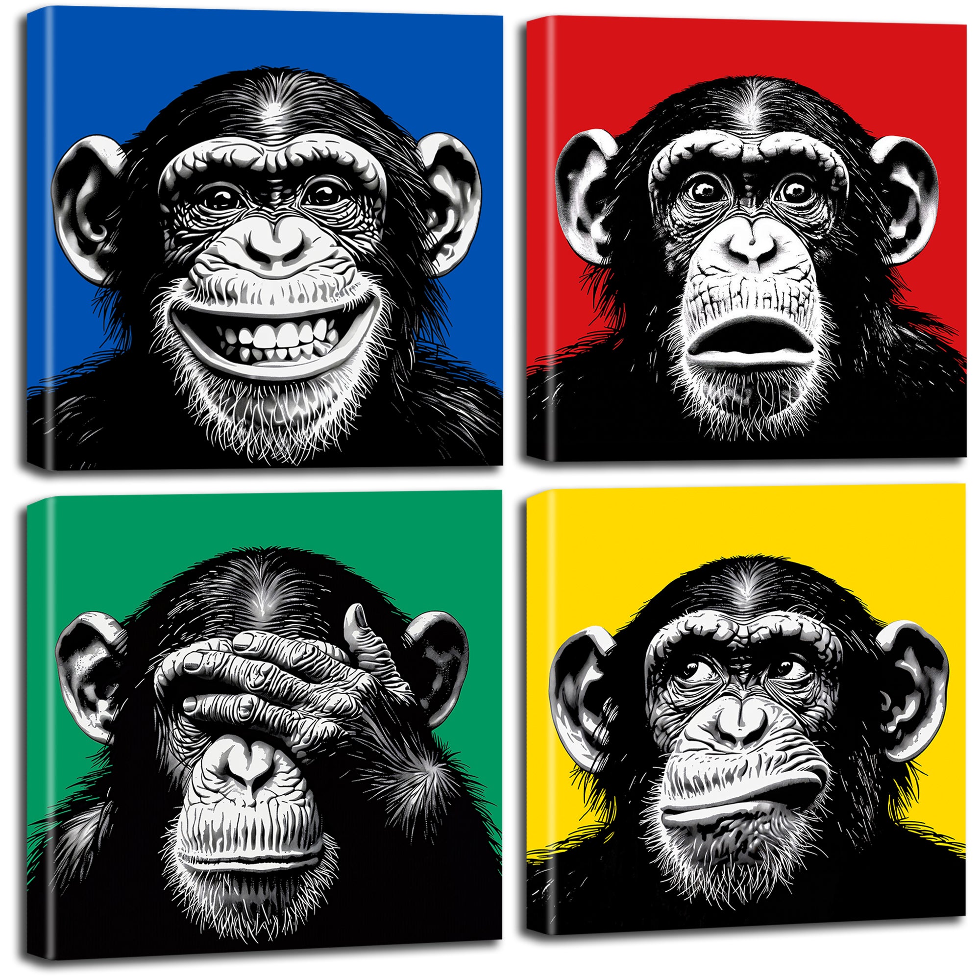 The Monkey Set 4er Pop-Art Kunstdruck Set mit vier ausdrucksstarken Affen